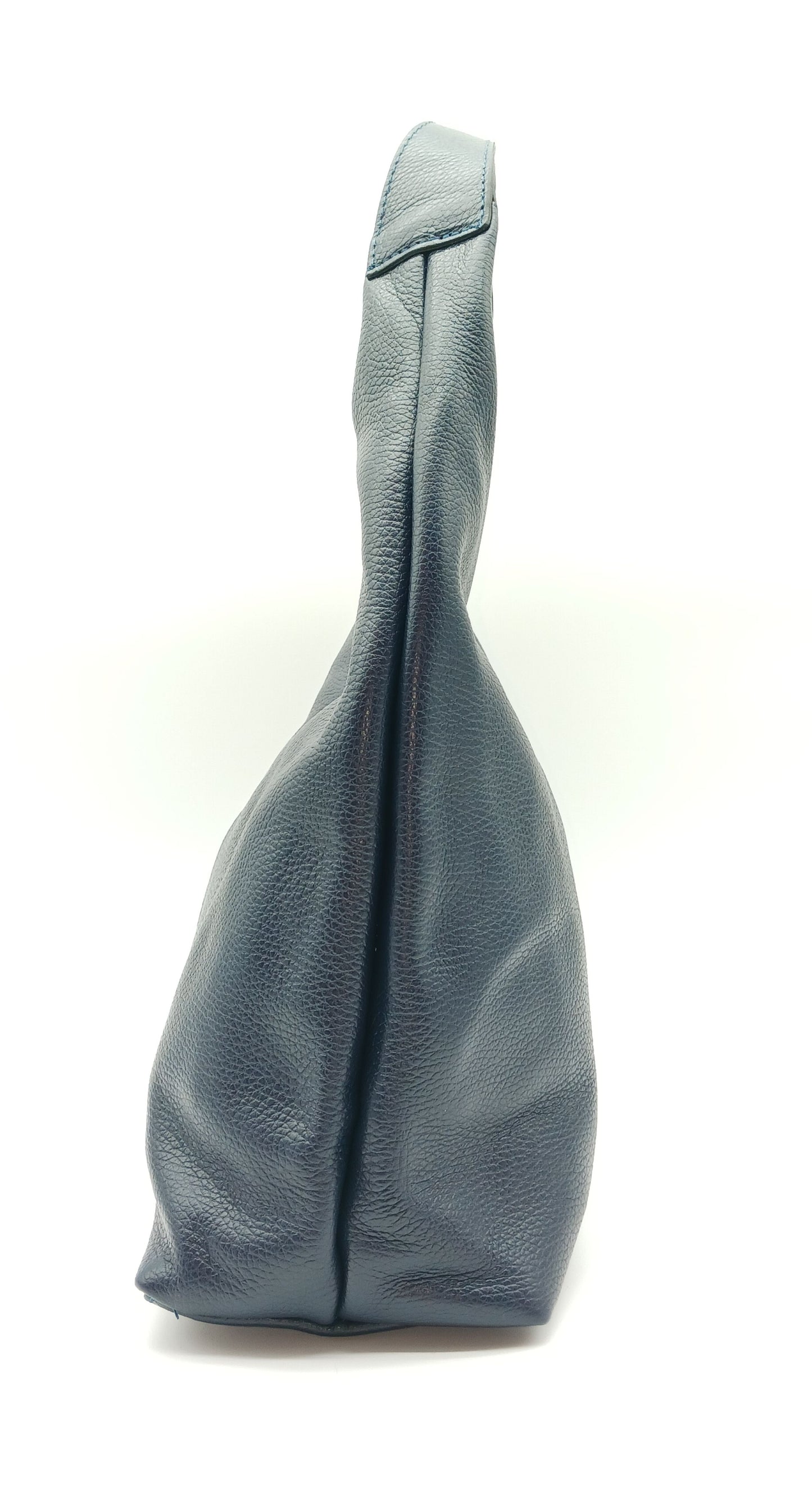 Dark Blue Genuine Pebble Leather Hobo Shoulder Handbag – Made In Italy