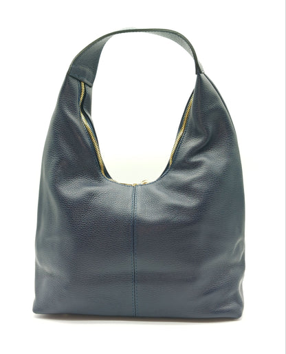 Dark Blue Genuine Pebble Leather Hobo Shoulder Handbag – Made In Italy