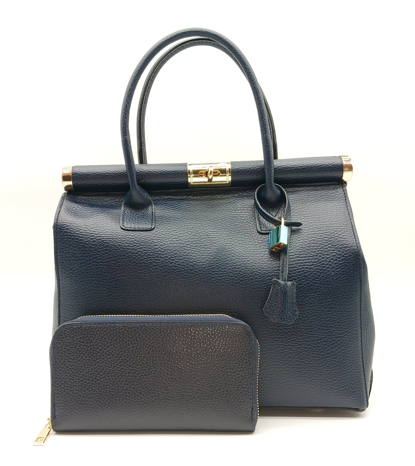 Genuine Pebble Leather Zip Wallet – Made In Italy - Dark Blue
