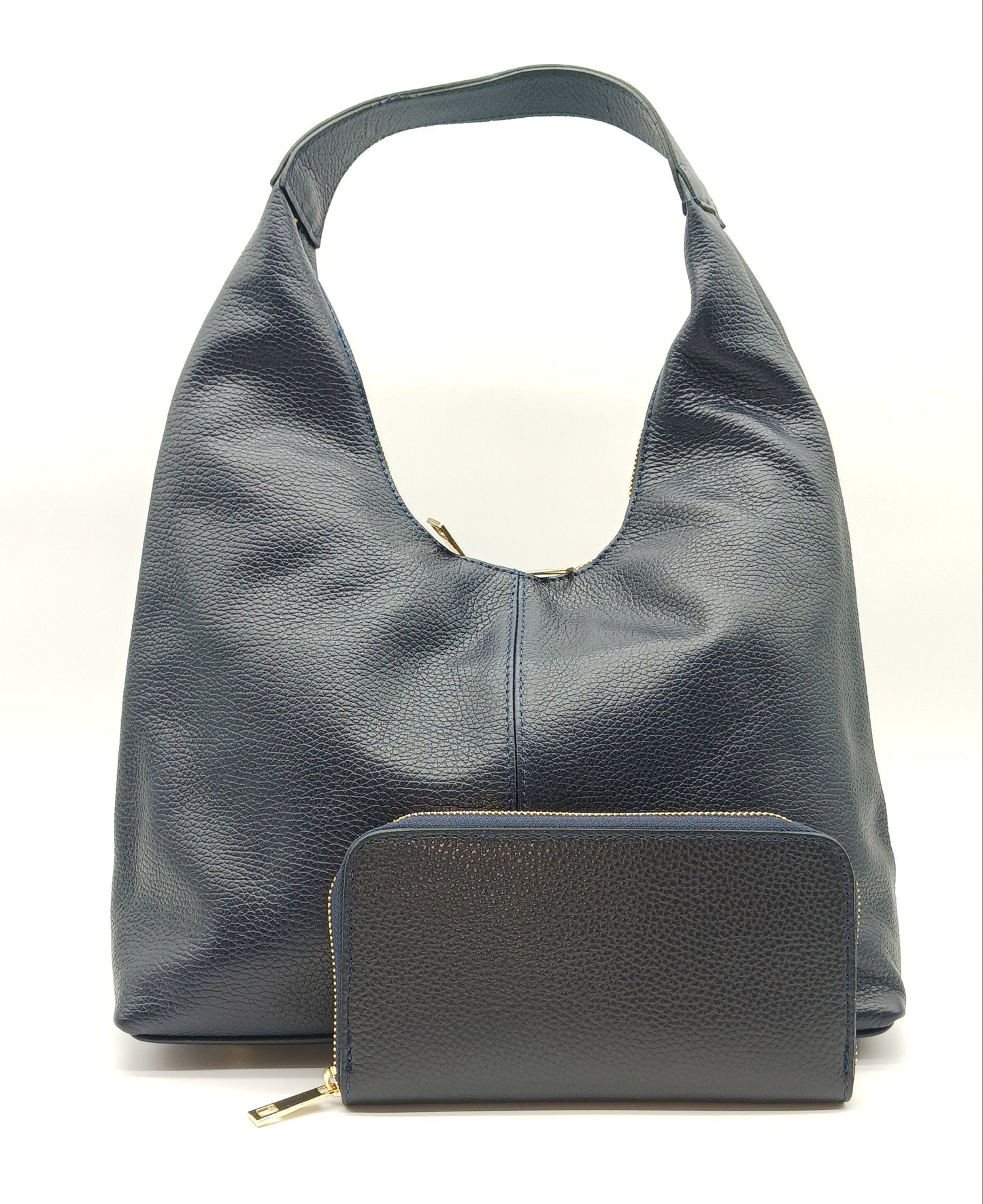 Genuine Pebble Leather Zip Wallet – Made In Italy - Dark Blue
