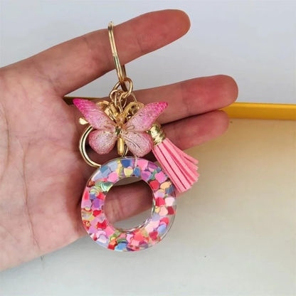 Pink Personalized Resin Alphabet Initial Tassel Butterfly Keychain Bag Charm