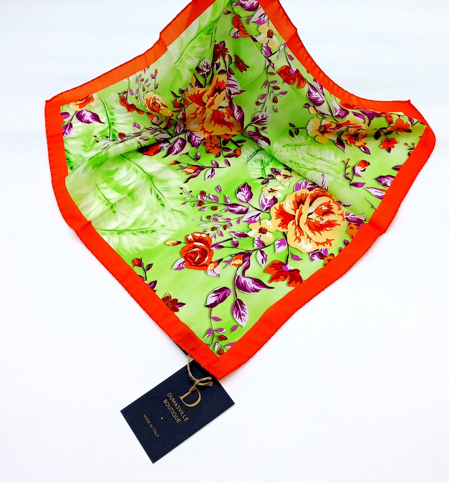 Silk Orange Green Handkerchief/Neckerchief Floral Square Scarf 17x17 – Made In Italy - DumasvilleBoutique