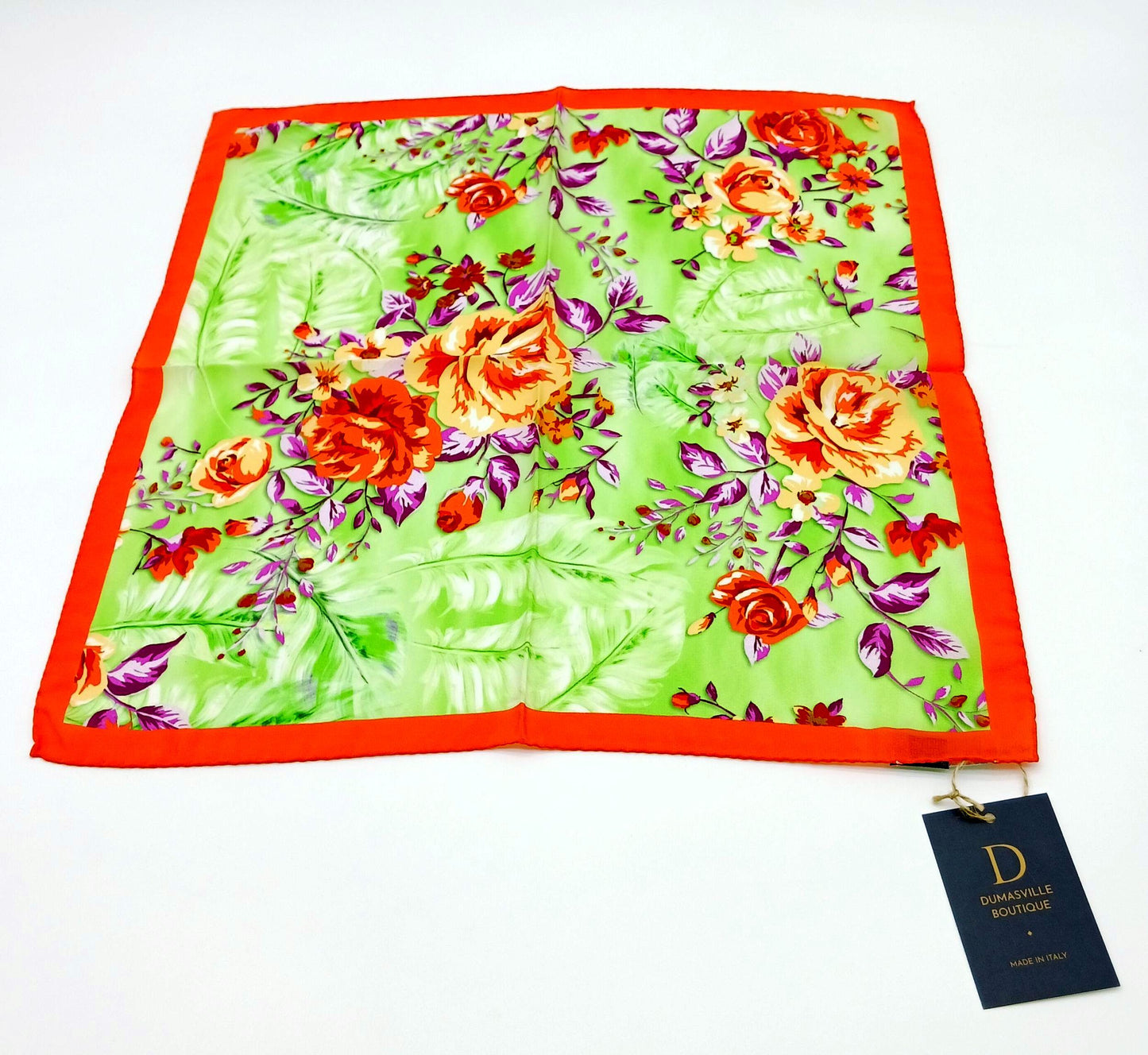 Silk Orange Green Handkerchief/Neckerchief Floral Square Scarf 17x17 – Made In Italy - DumasvilleBoutique