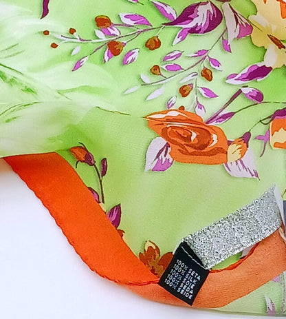 Silk Orange Green Handkerchief/Neckerchief Floral Square Scarf 17x17 – Made In Italy - DumasvilleBoutique