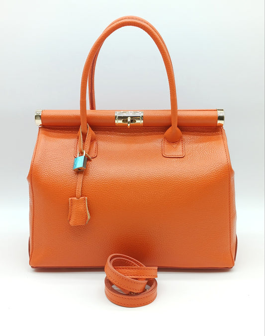 Lock & Key Genuine (Treated) Pebble Leather Handbag Satchel - Orange – Made In Italy