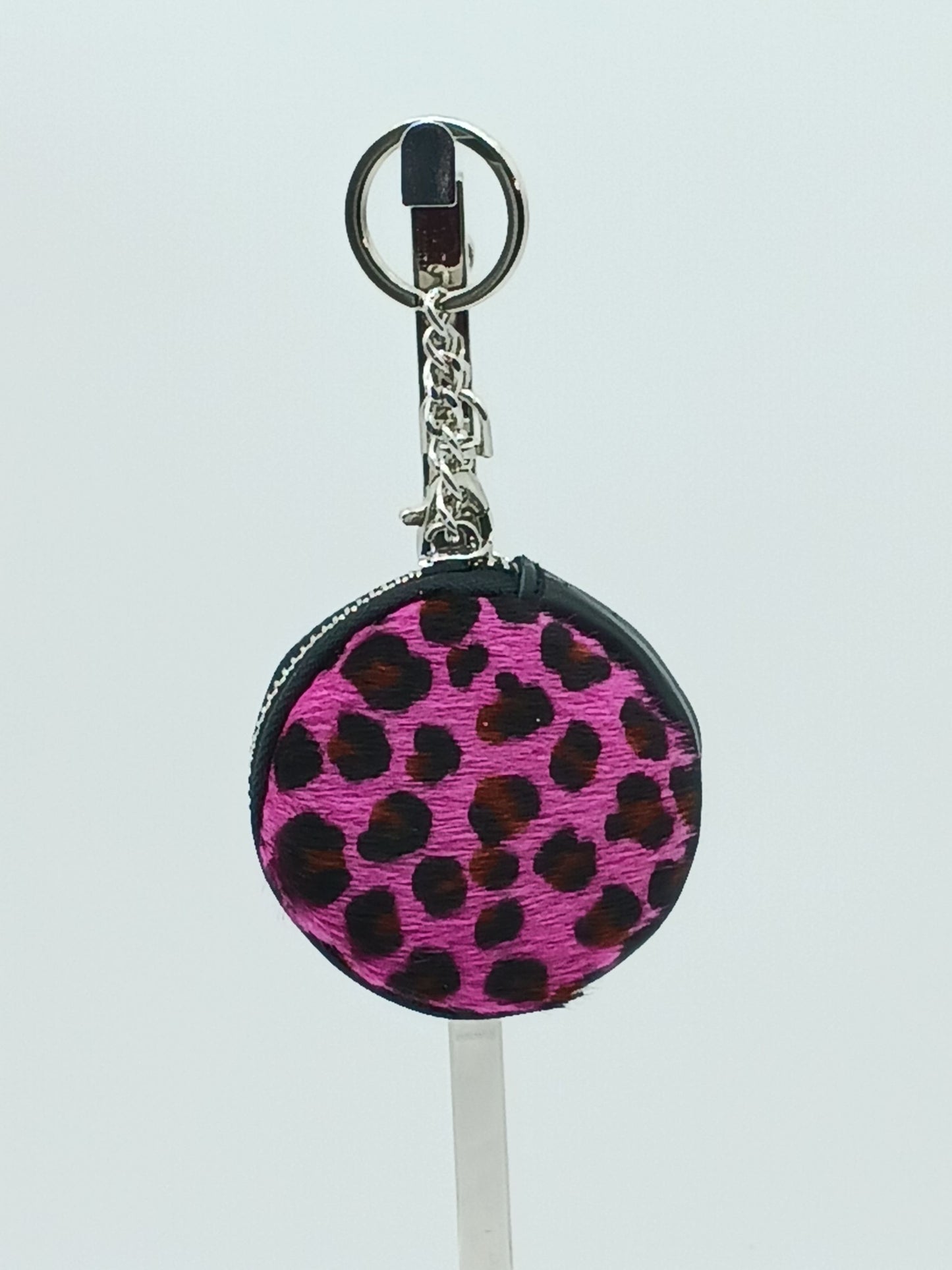 Italian Genuine Leather Pony Fur Coin Purse Key Ring Charm - Pink Cheetah - DumasvilleBoutique