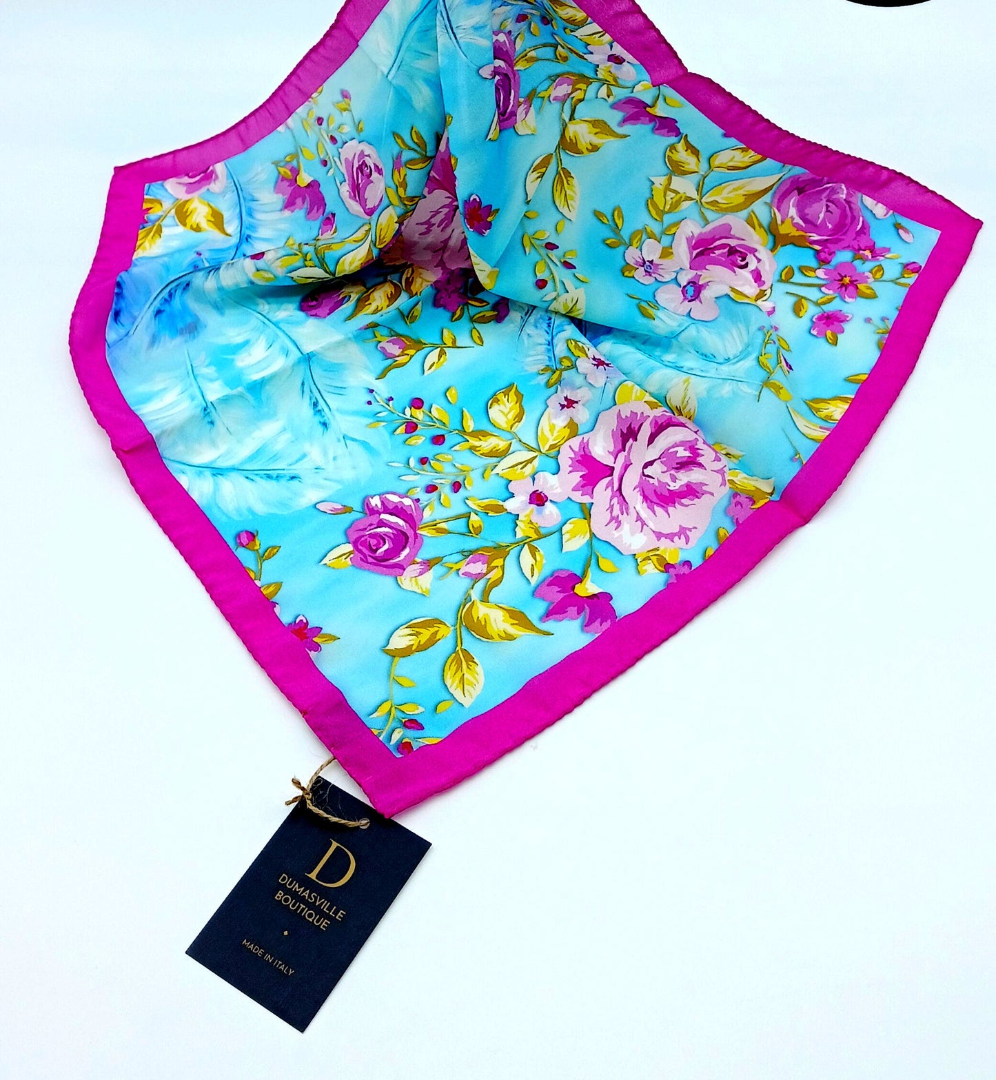 Silk Pink Sky Blue Handkerchief/Neckerchief Floral Square Scarf 17x17 – Made In Italy - DumasvilleBoutique