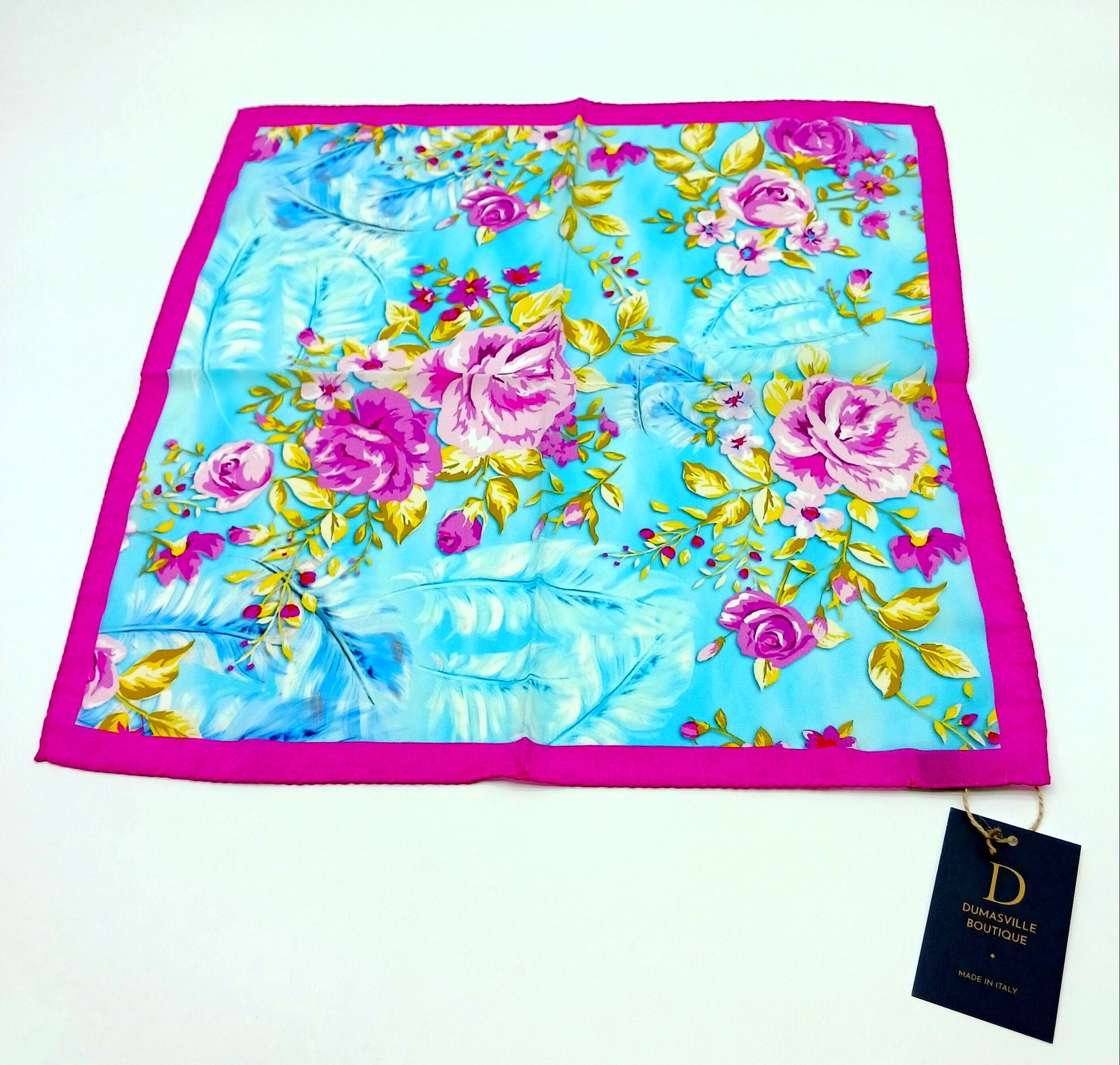 Silk Pink Sky Blue Handkerchief/Neckerchief Floral Square Scarf 17x17 – Made In Italy - DumasvilleBoutique