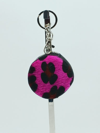 Italian Genuine Leather Pony Fur Coin Purse Key Ring Charm - Pink Leopard - DumasvilleBoutique