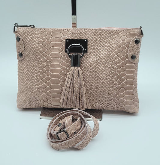 Snake Embossed Genuine Leather Crossbody Handbag - Pink – Made In Italy