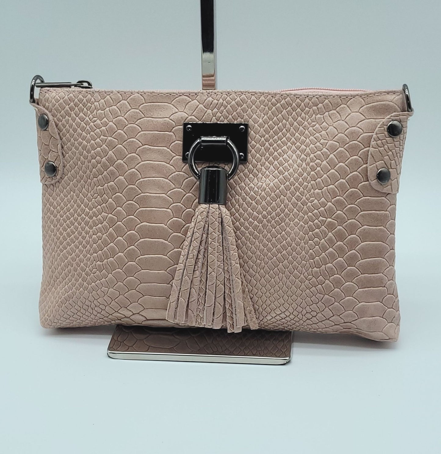 Snake Embossed Genuine Leather Crossbody Handbag - Pink – Made In Italy