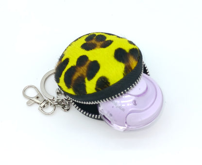 Genuine Leather Pony Fur Coin Purse Key Ring Charm  - Made In Italy - Pink Leopard