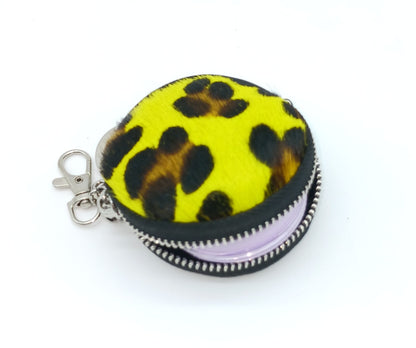 Genuine Leather Pony Fur Coin Purse Key Ring Charm  - Made In Italy - Pink Leopard