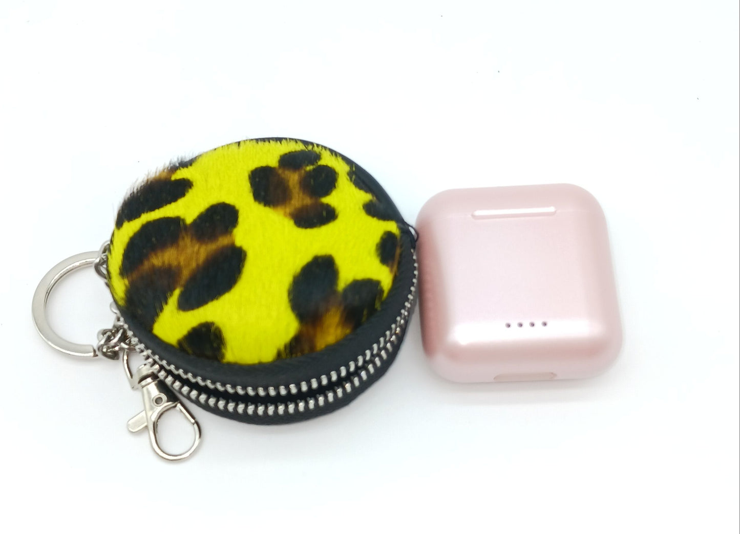 Genuine Leather Pony Fur Coin Purse Key Ring Charm  - Made In Italy - Yellow Leopard