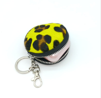 Genuine Leather Pony Fur Coin Purse Key Ring Charm  - Made In Italy - Red Cheetah