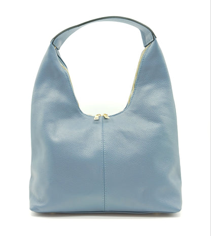 Powder Blue Genuine Pebble Leather Hobo Shoulder Handbag – Made In Italy