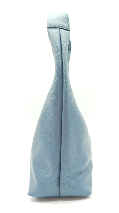 Powder Blue Genuine Pebble Leather Hobo Shoulder Handbag – Made In Italy