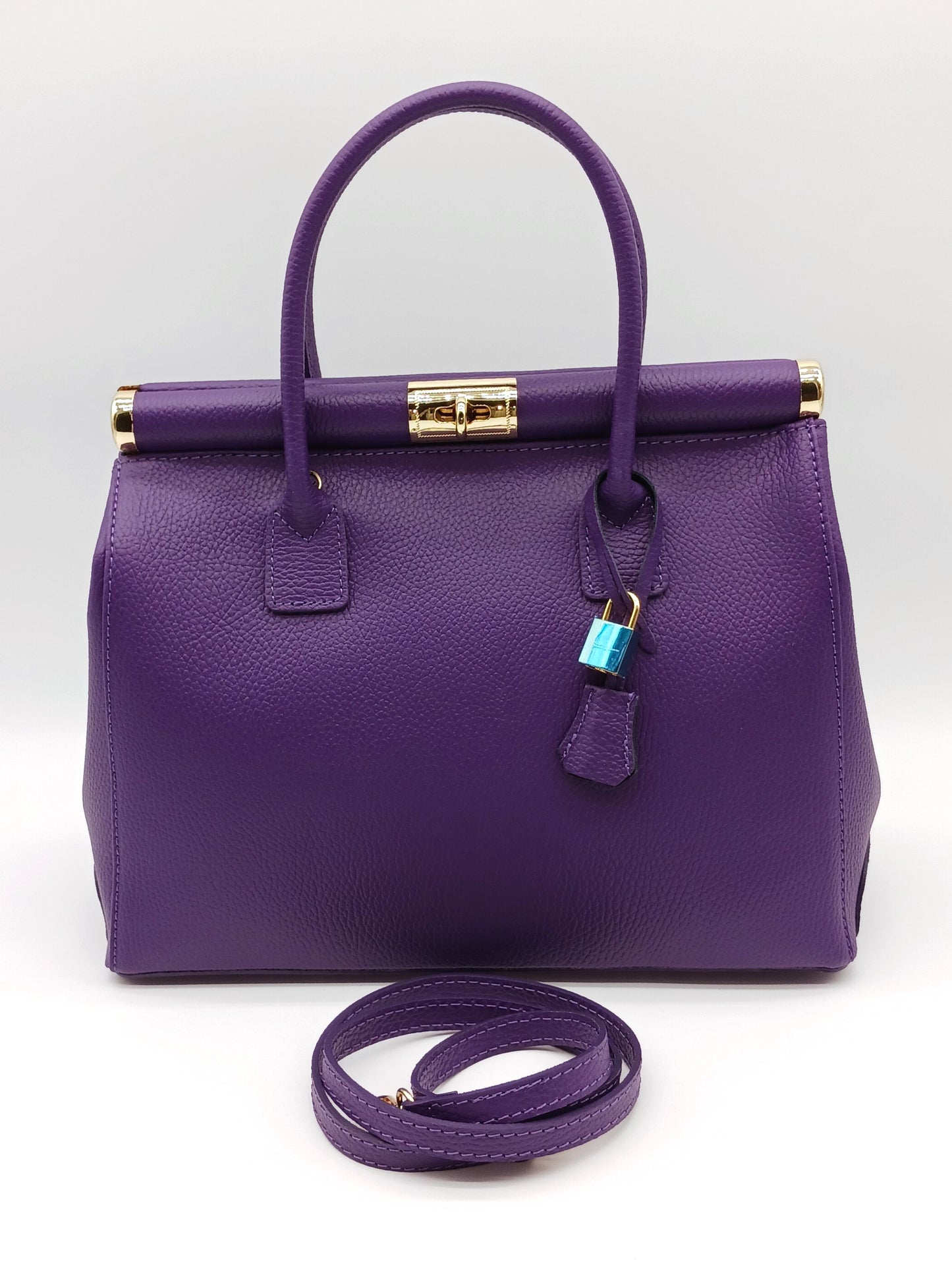 Lock & Key Genuine Pebble Leather Handbag Satchel - Purple – Made In Italy