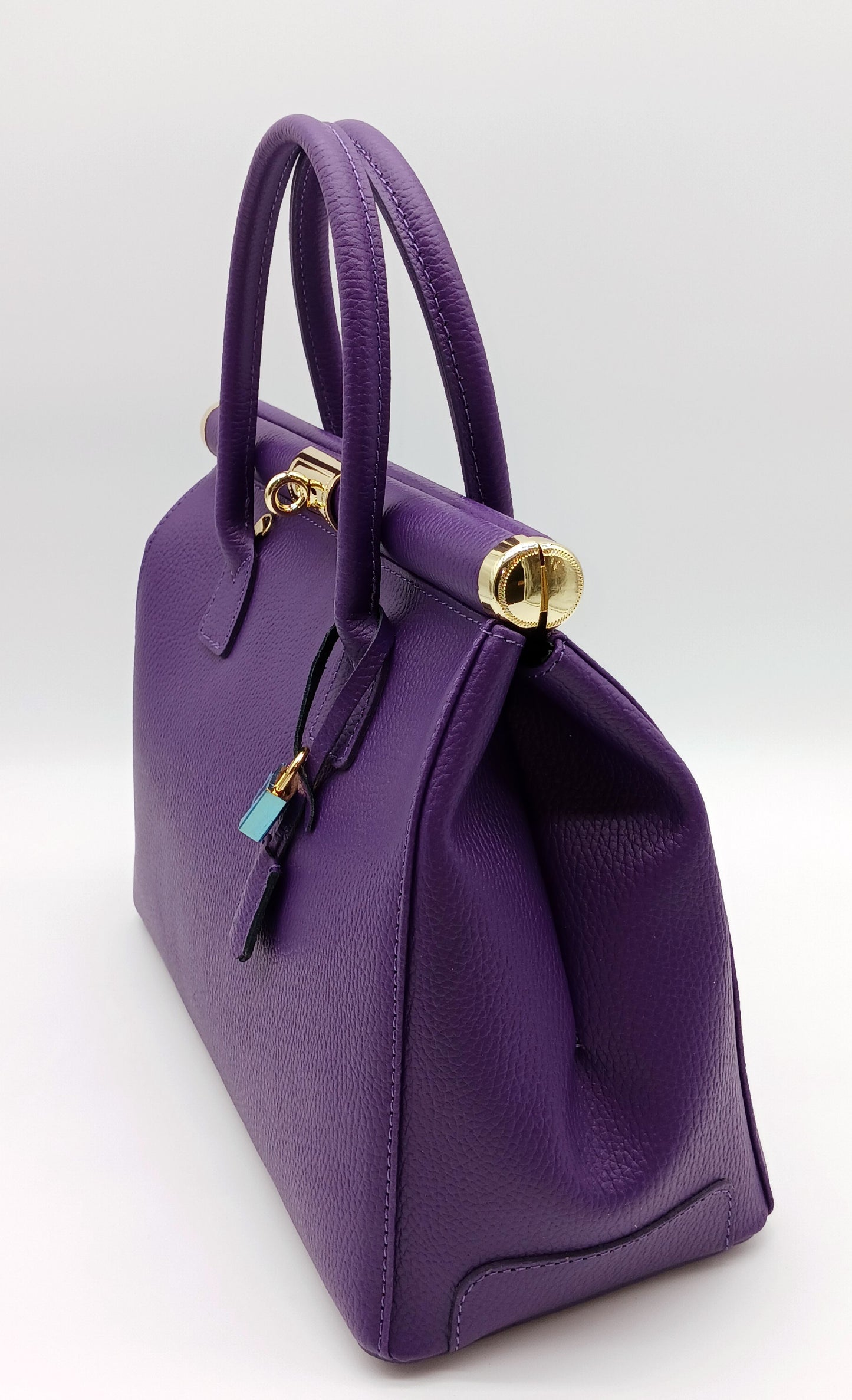 Lock & Key Genuine Pebble Leather Handbag Satchel - Purple – Made In Italy