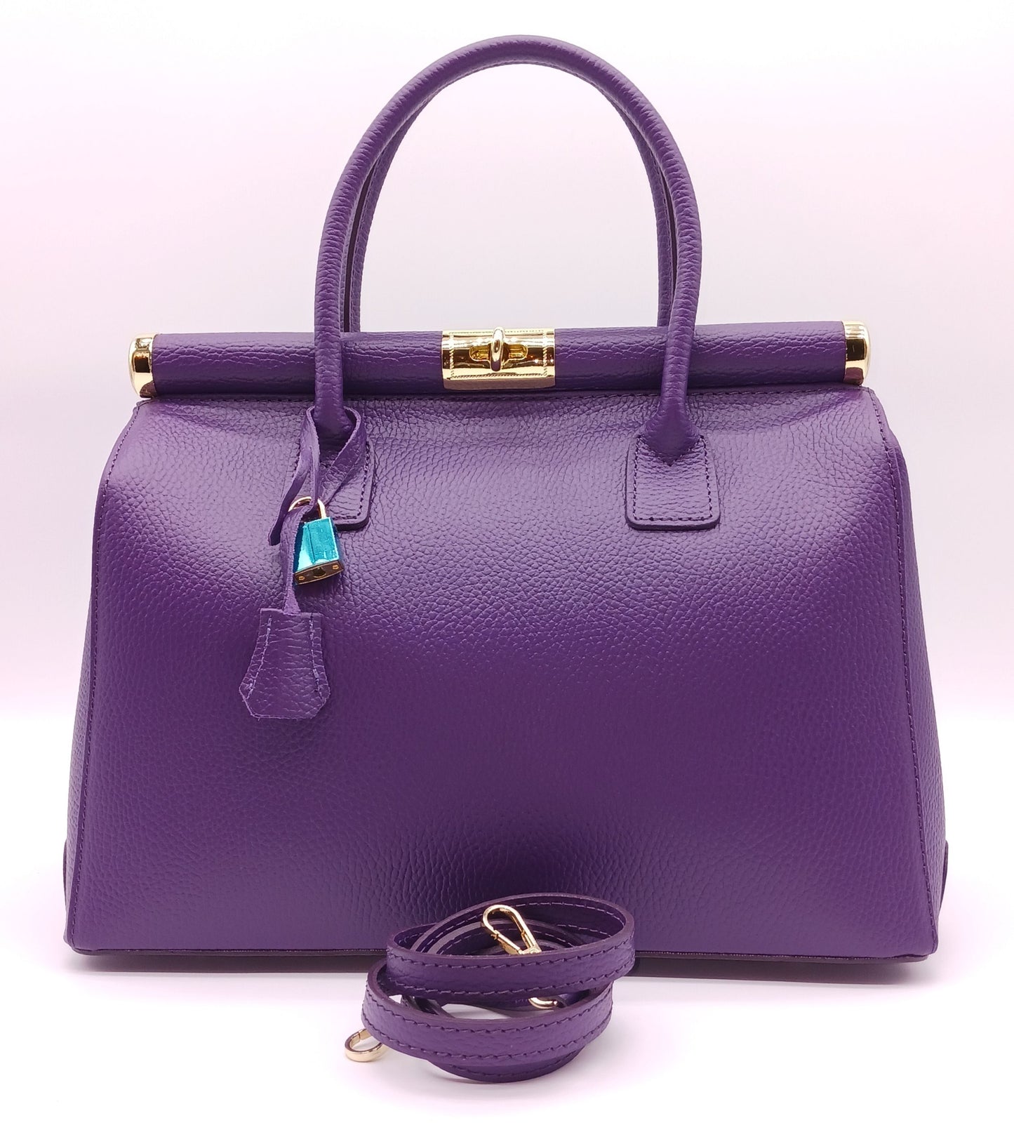 Lock & Key Genuine Pebble Leather Handbag Satchel - Purple – Made In Italy