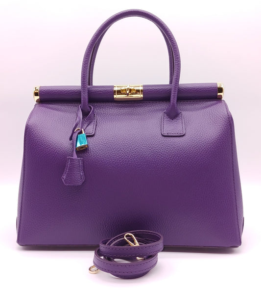 Lock & Key Genuine Pebble Leather Handbag Satchel - Purple – Made In Italy