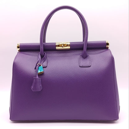 Lock & Key Genuine Pebble Leather Handbag Satchel - Purple – Made In Italy