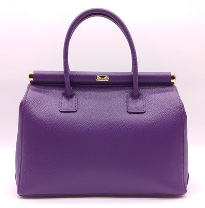 Lock & Key Genuine Pebble Leather Handbag Satchel - Purple – Made In Italy