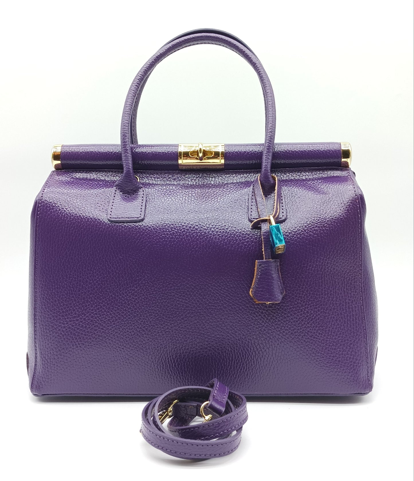 Lock & Key Genuine Pebble Leather Handbag Satchel - Purple – Made In Italy
