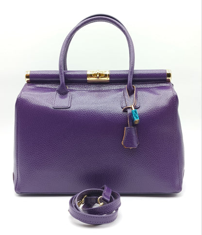 Lock & Key Genuine Pebble Leather Handbag Satchel - Purple – Made In Italy