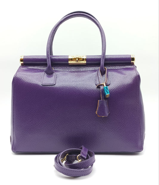 Lock & Key Genuine Pebble Leather Handbag Satchel - Purple – Made In Italy