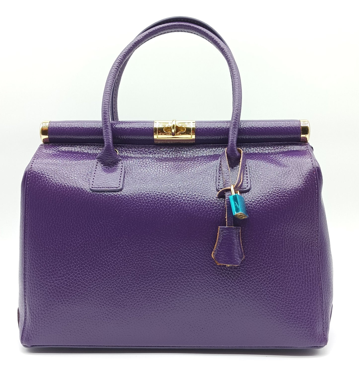 Lock & Key Genuine Pebble Leather Handbag Satchel - Purple – Made In Italy