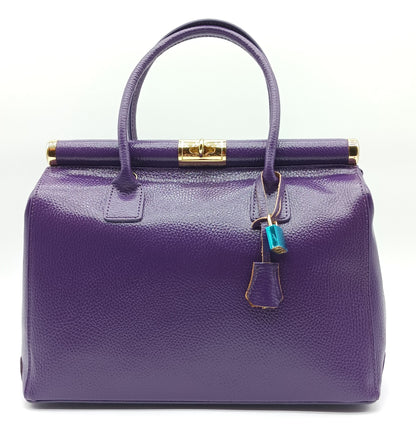 Lock & Key Genuine Pebble Leather Handbag Satchel - Purple – Made In Italy