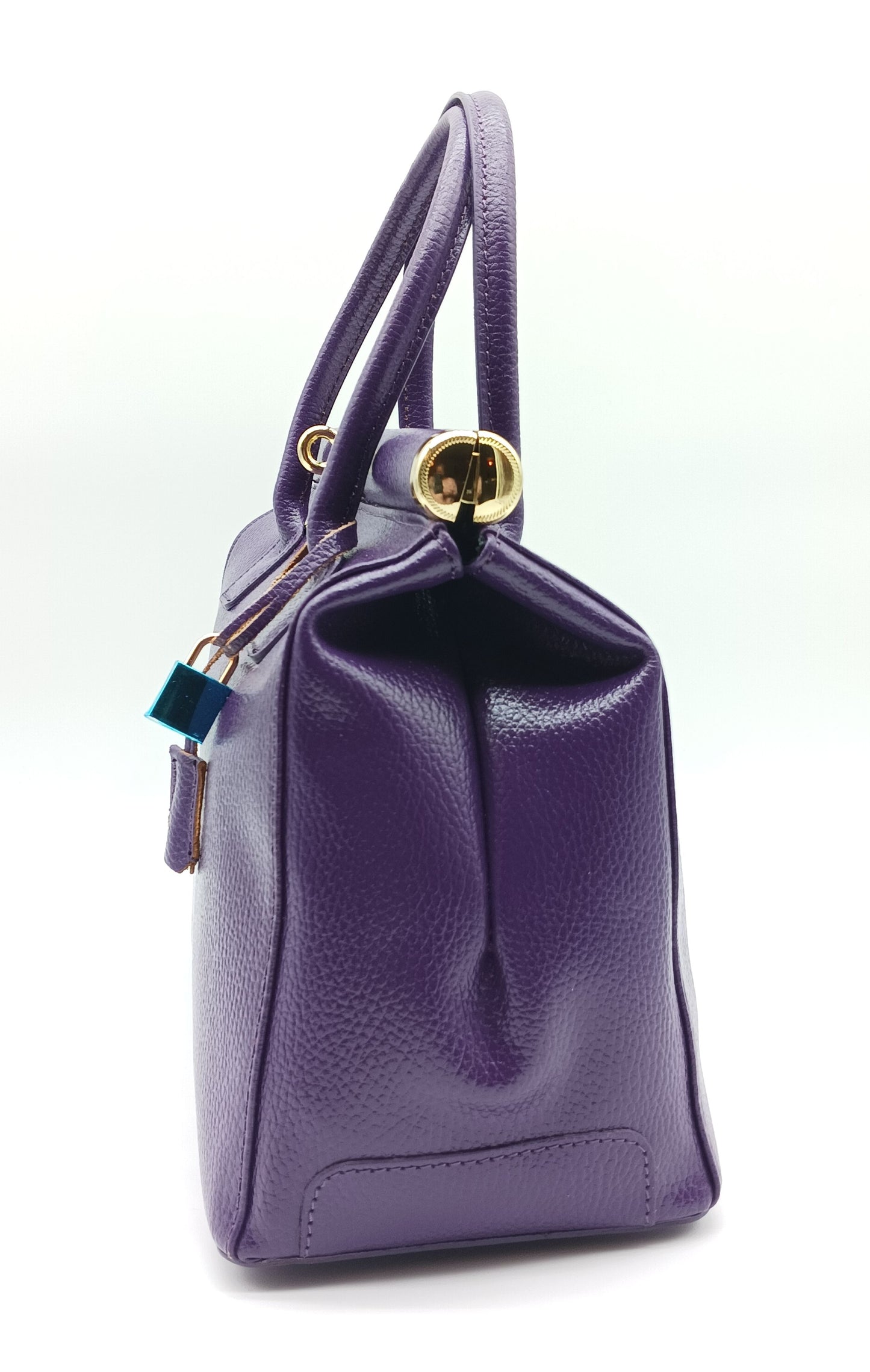 Lock & Key Genuine Pebble Leather Handbag Satchel - Purple – Made In Italy