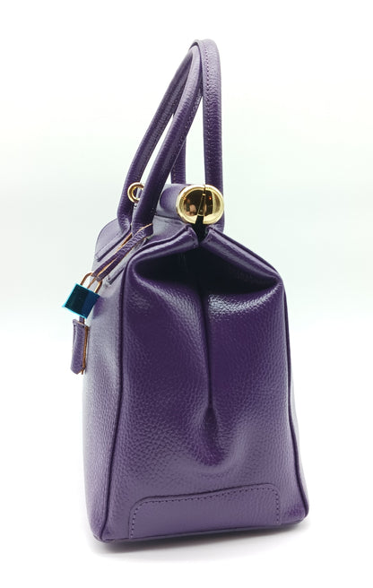 Lock & Key Genuine Pebble Leather Handbag Satchel - Purple – Made In Italy