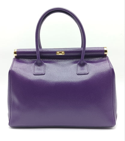Lock & Key Genuine Pebble Leather Handbag Satchel - Purple – Made In Italy
