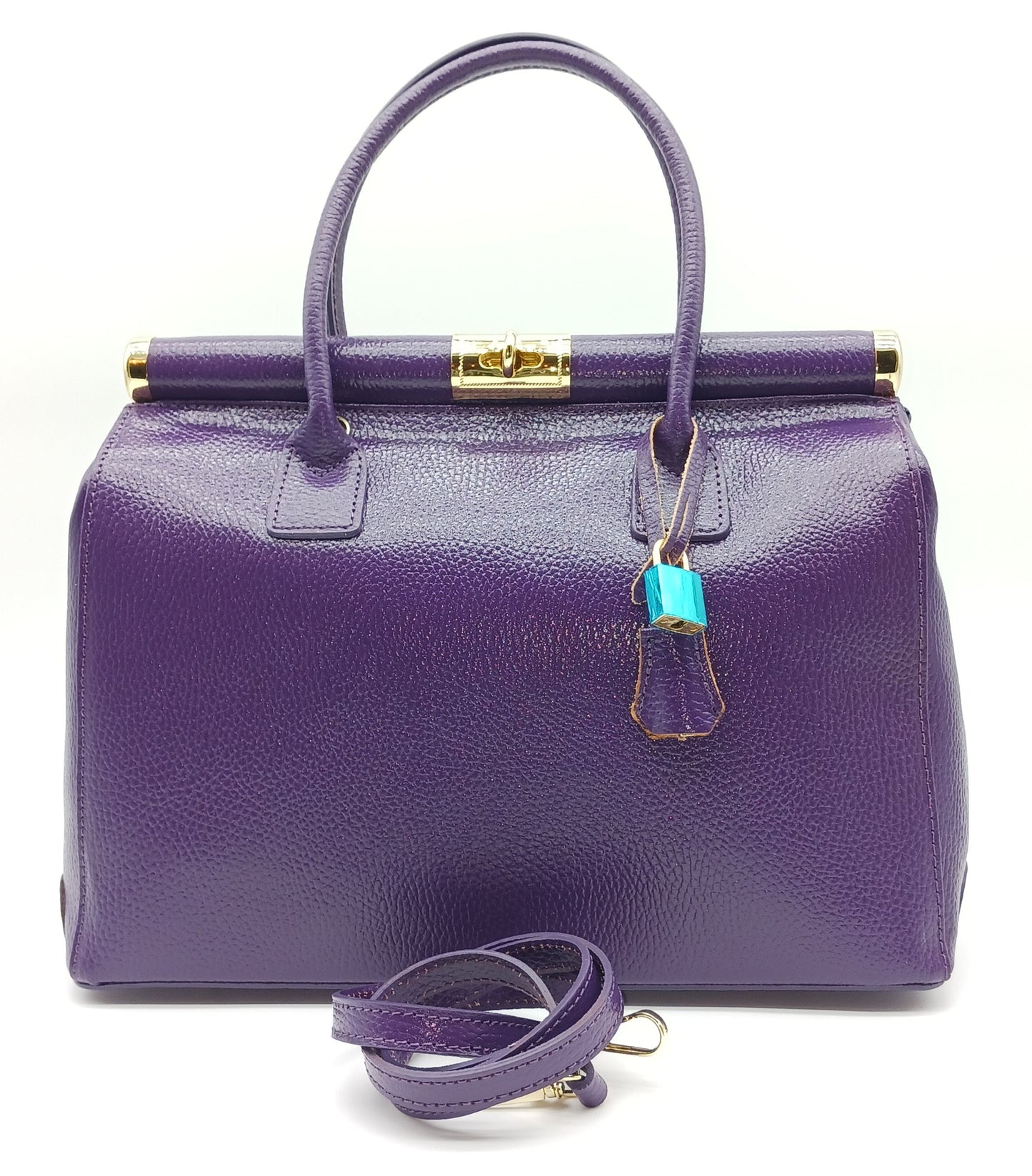 Lock & Key Genuine Pebble Leather Handbag Satchel - Purple – Made In Italy