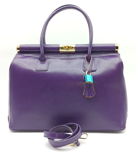 Lock & Key Genuine Pebble Leather Handbag Satchel - Purple – Made In Italy