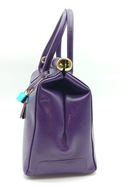 Lock & Key Genuine Pebble Leather Handbag Satchel - Purple – Made In Italy