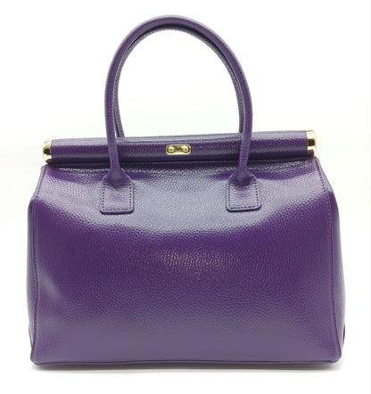Lock & Key Genuine Pebble Leather Handbag Satchel - Purple – Made In Italy