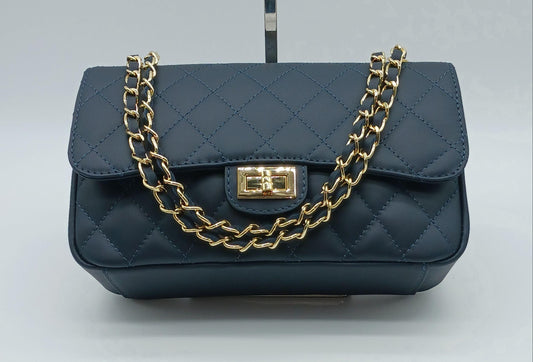 Genuine Leather Quilted Handbag (Medium) Blue – Made In Italy - DumasvilleBoutique