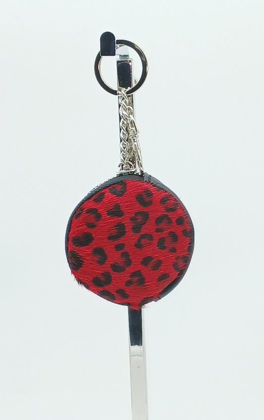 Italian Genuine Leather Pony Fur Coin Purse Key Ring Charm - Red Cheetah - DumasvilleBoutique