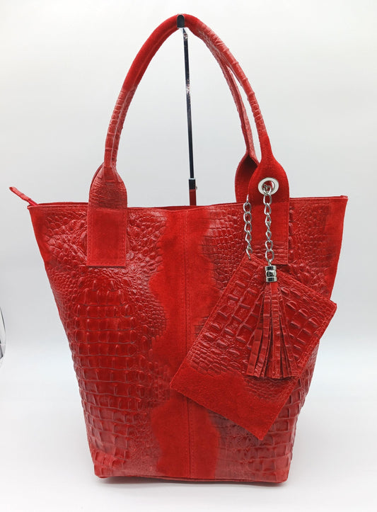 Genuine Leather & Suede Croc Embossed XL Shoulder Bag Tote - Red – Made In Italy - DumasvilleBoutique