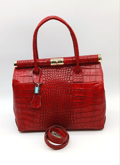Lock & Key Genuine Croc Embossed Leather Handbag Satchel - Red – Made In Italy - DumasvilleBoutique