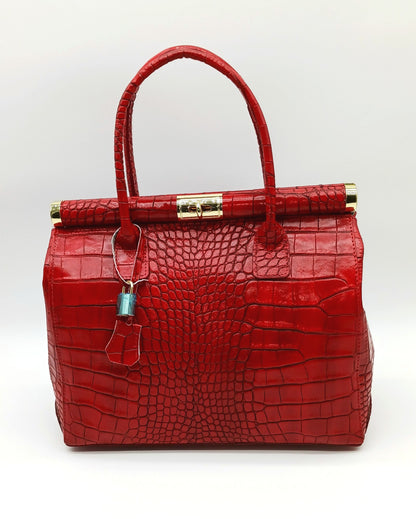 Lock & Key Genuine Croc Embossed Leather Handbag Satchel - Red – Made In Italy - DumasvilleBoutique