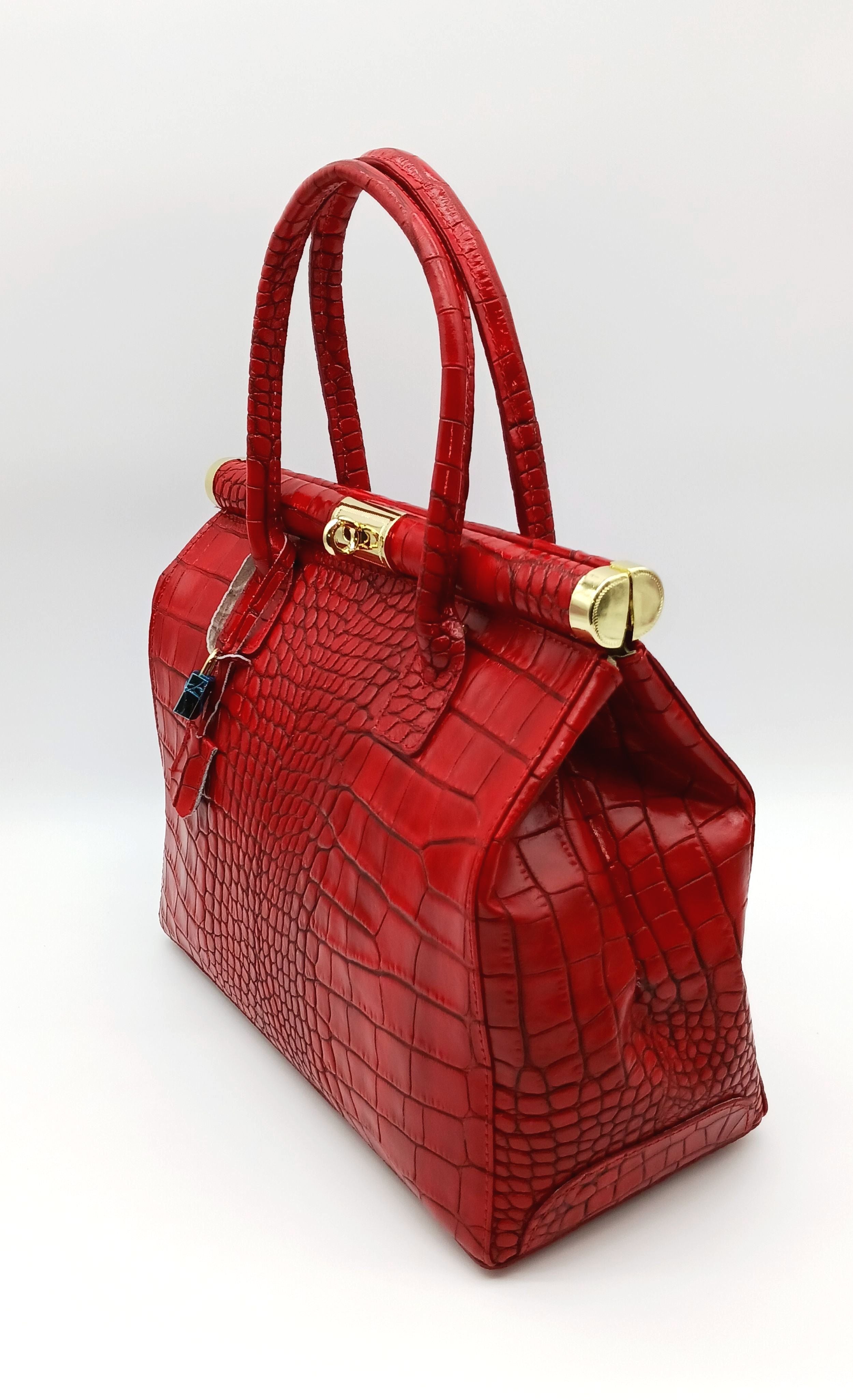 Lock Key Genuine Croc Embossed Leather Handbag Satchel Red Made In Italy