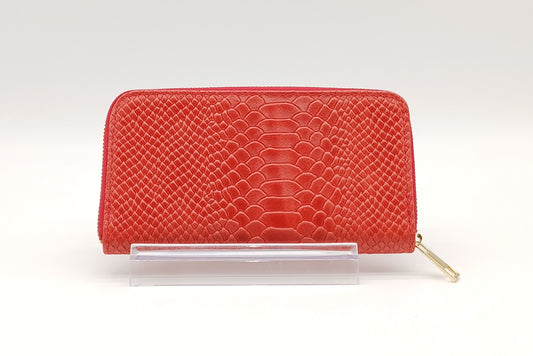 Genuine Snake Embossed Leather Zip Wallet – Made In Italy - Red