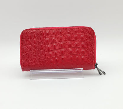 Genuine Croc Embossed Leather Double Zip Wallet – Made In Italy - Red