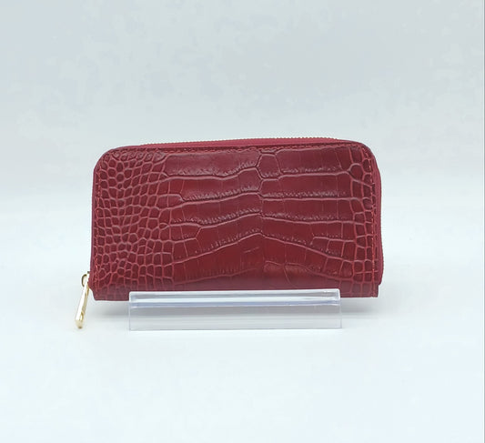 Genuine Croc Embossed Leather Zip Wallet – Made In Italy - Dark Red
