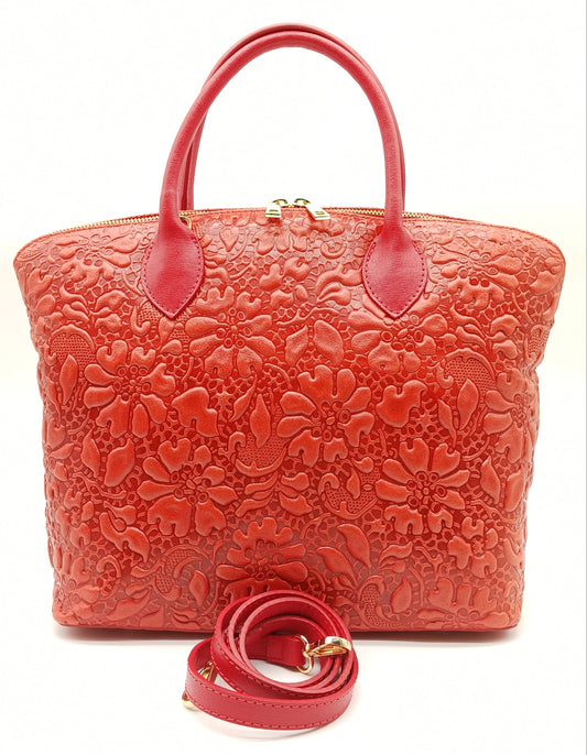 Red Genuine Leather Floral Embossed Handbag Satchel – Made In Italy