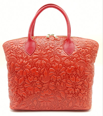 Red Genuine Leather Floral Embossed Handbag Satchel – Made In Italy